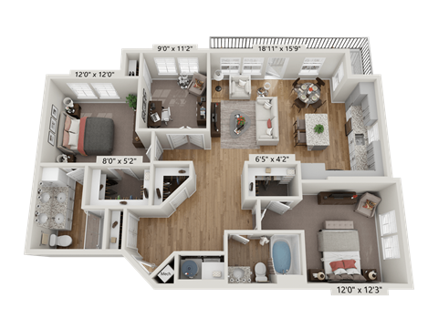 a 3 bedroom floor plan with a bathroom and a living room